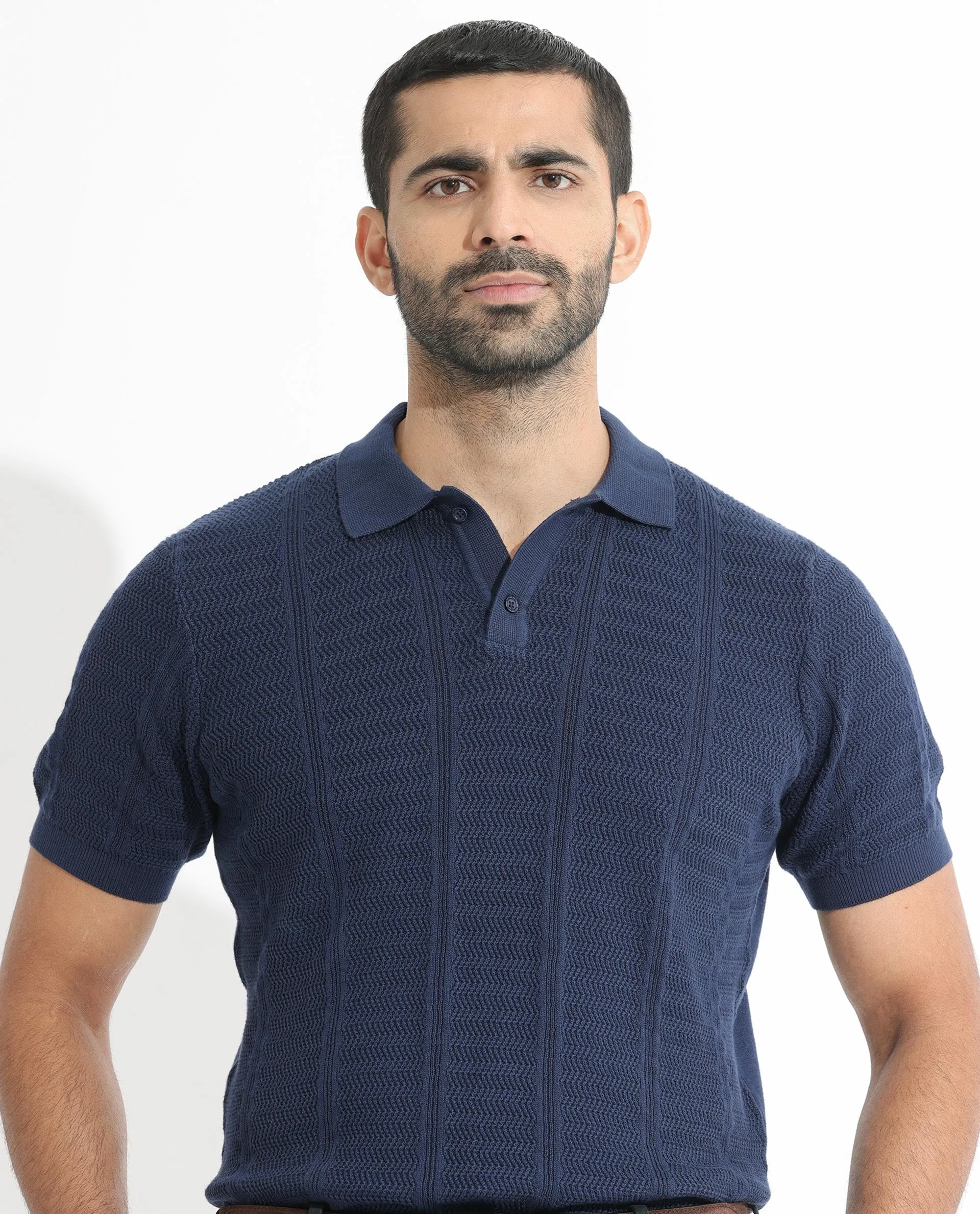 Rare Rabbit Men's Mesk Dark Blue Collared Neck Half Sleeves Knitted Polo T-Shirt