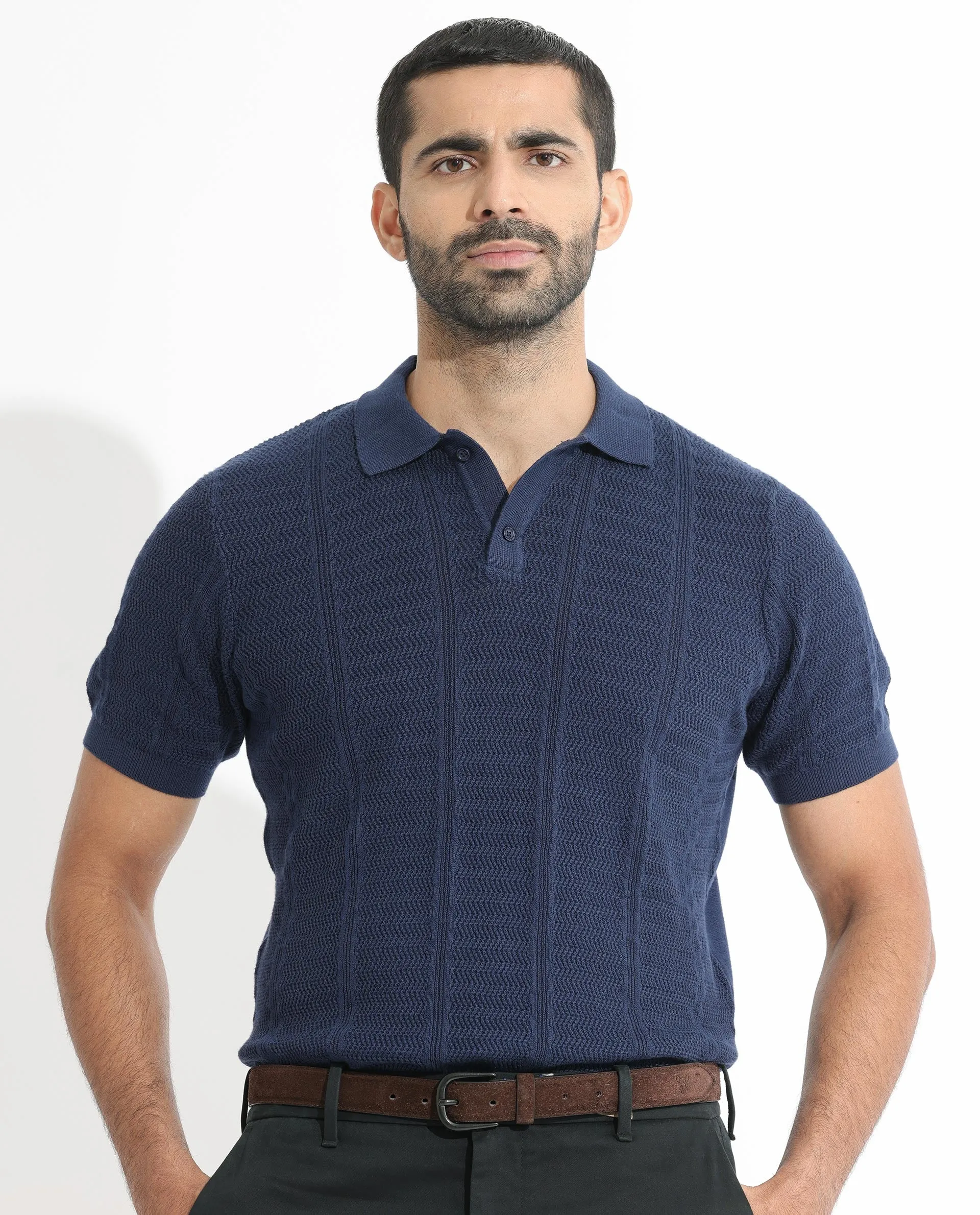 Rare Rabbit Men's Mesk Dark Blue Collared Neck Half Sleeves Knitted Polo T-Shirt