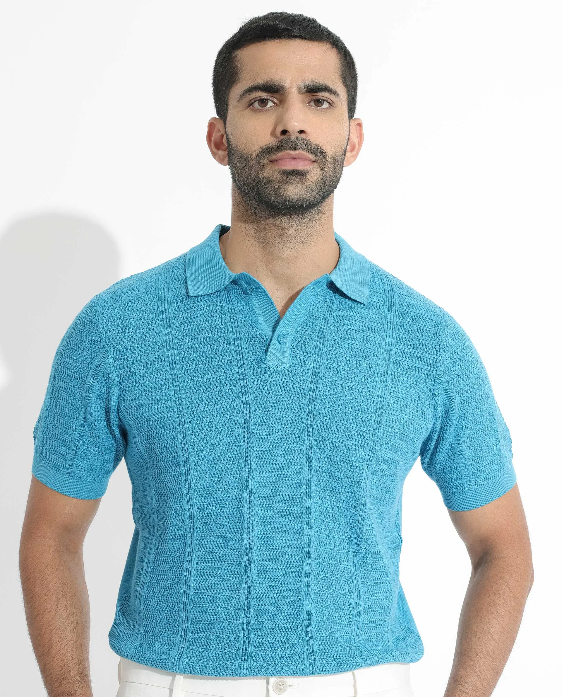 Rare Rabbit Men's Mesk Flouroscent Blue Collared Neck Half Sleeves Knitted Polo T-Shirt