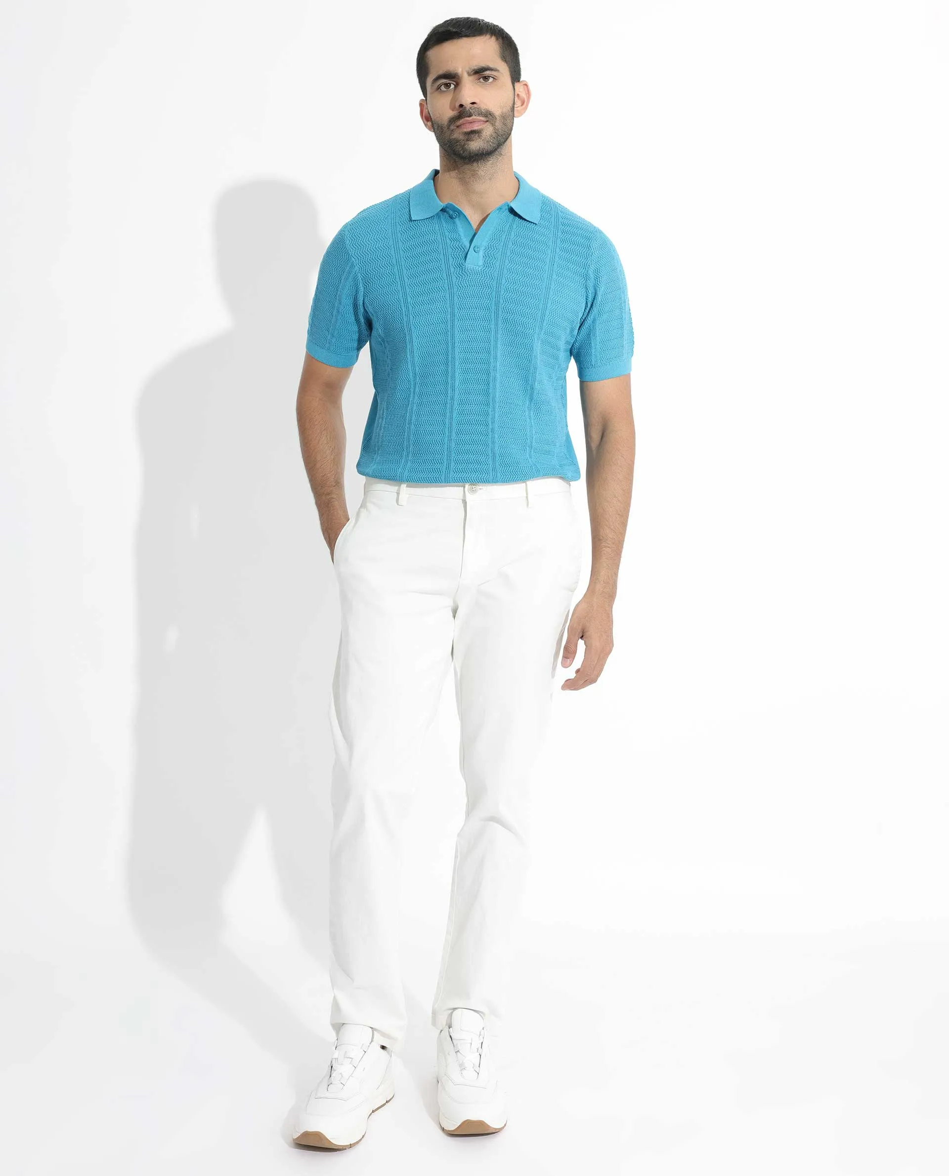 Rare Rabbit Men's Mesk Flouroscent Blue Collared Neck Half Sleeves Knitted Polo T-Shirt