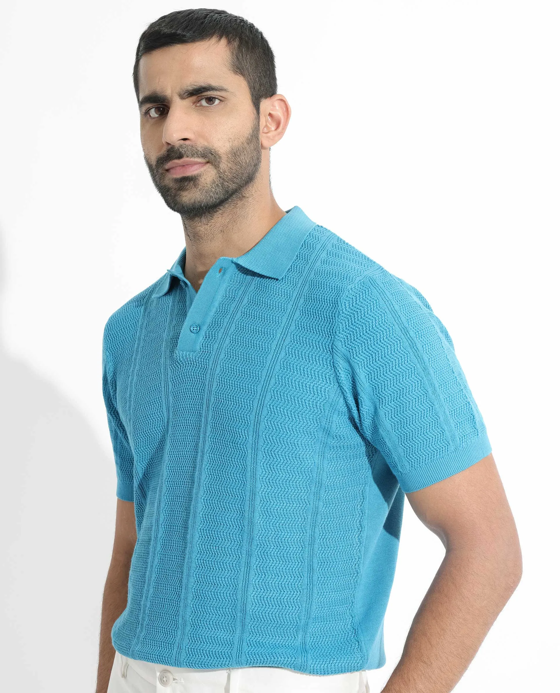 Rare Rabbit Men's Mesk Flouroscent Blue Collared Neck Half Sleeves Knitted Polo T-Shirt