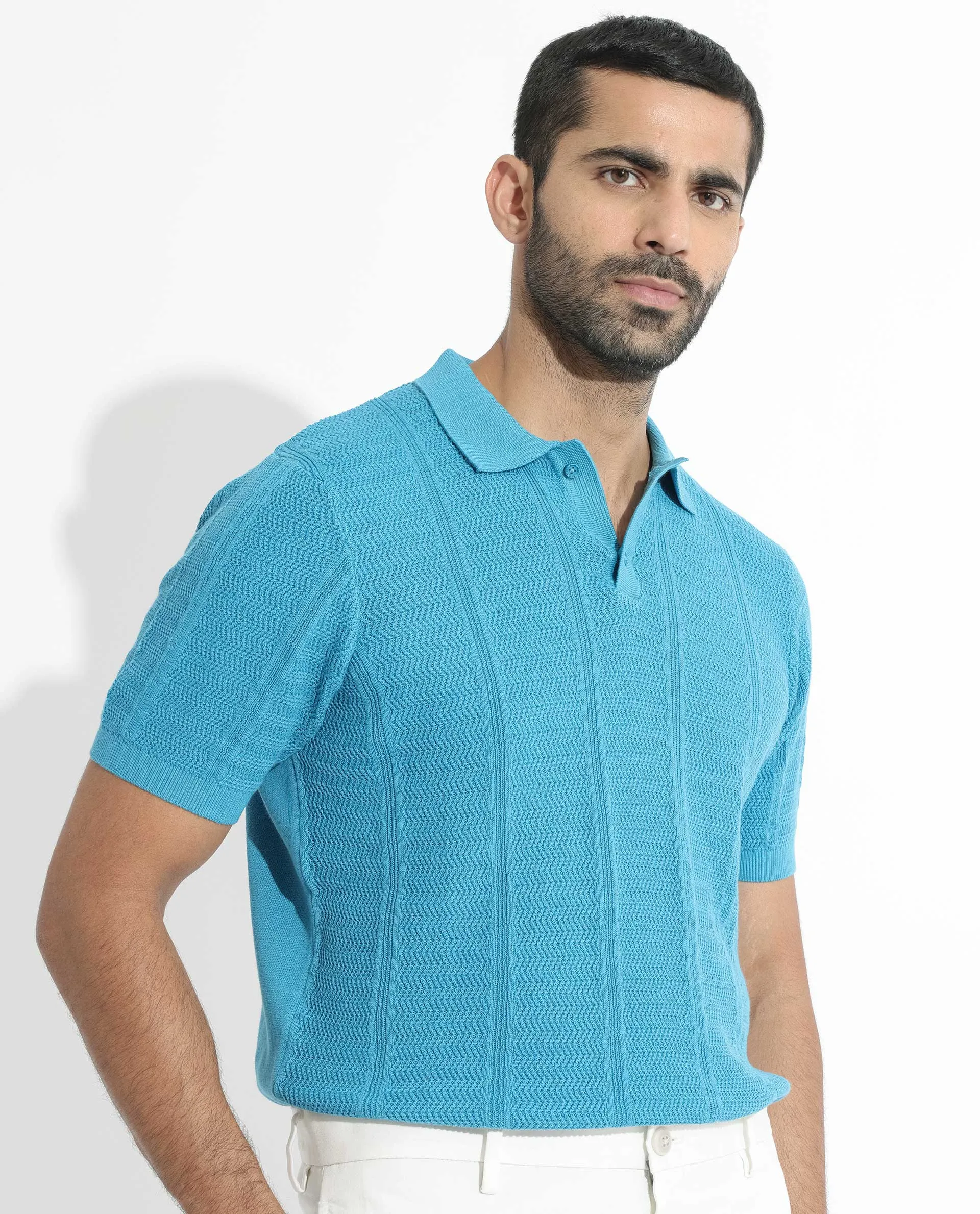 Rare Rabbit Men's Mesk Flouroscent Blue Collared Neck Half Sleeves Knitted Polo T-Shirt