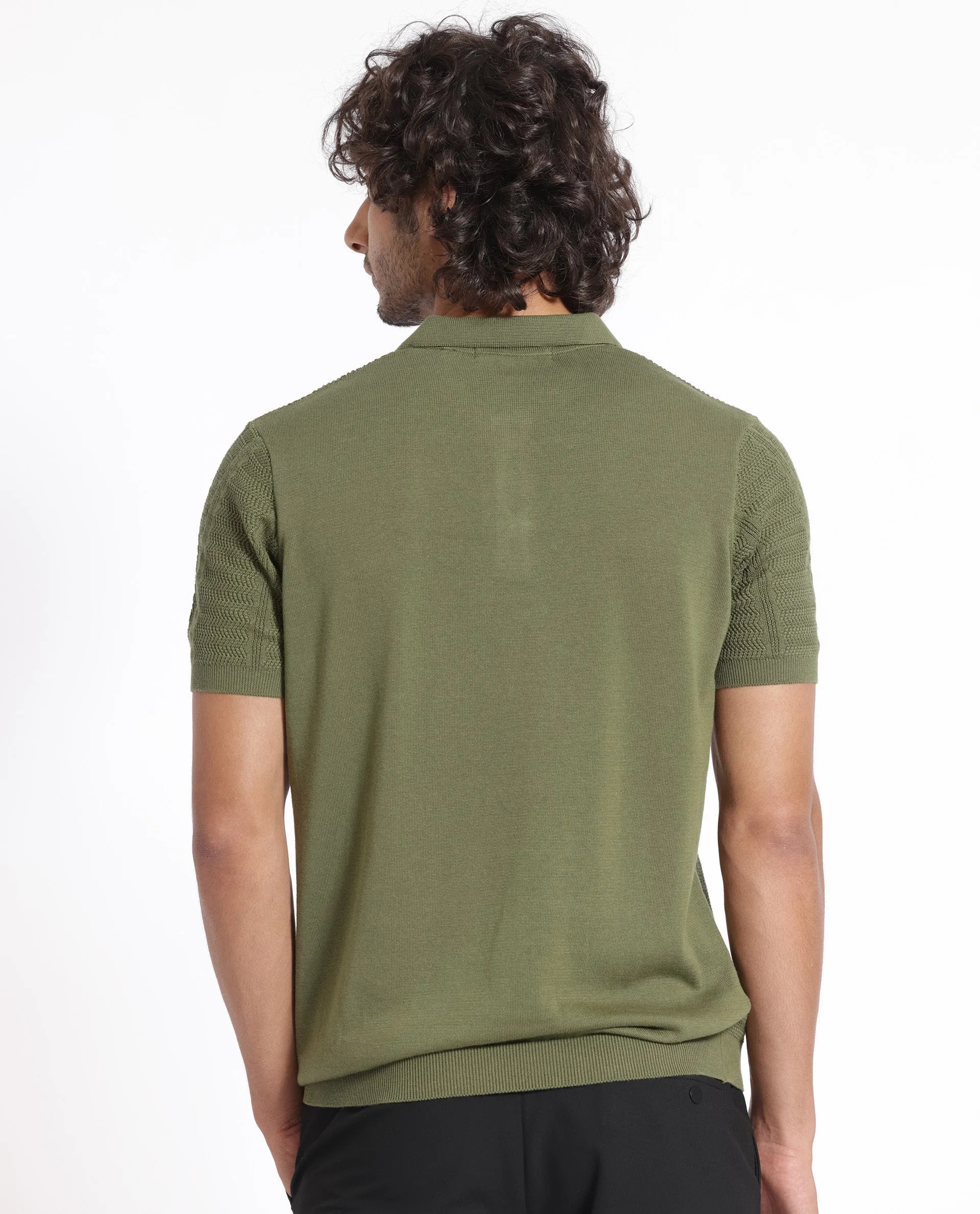 Rare Rabbit Men's Mesk Green Collared Neck Half Sleeves Knitted Polo T-Shirt