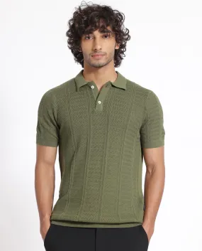 Rare Rabbit Men's Mesk Green Collared Neck Half Sleeves Knitted Polo T-Shirt