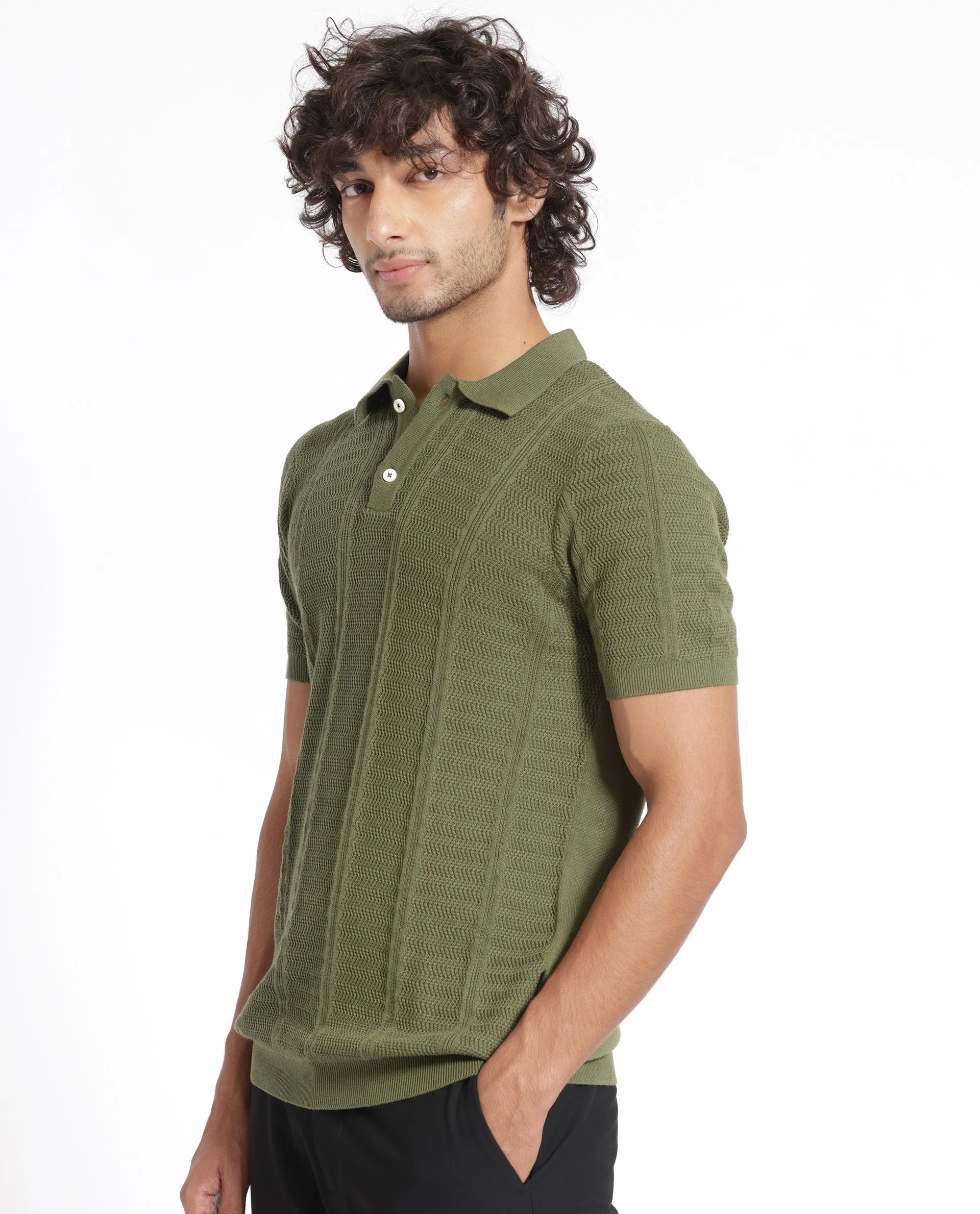 Rare Rabbit Men's Mesk Green Collared Neck Half Sleeves Knitted Polo T-Shirt