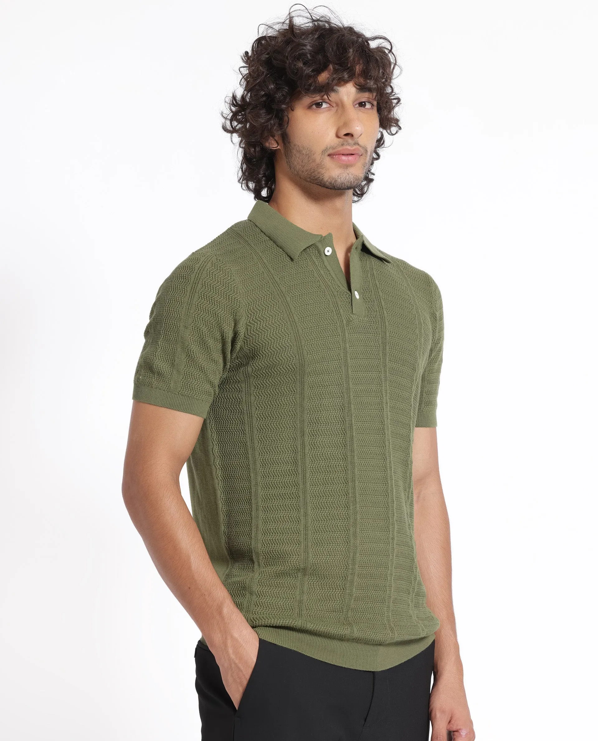 Rare Rabbit Men's Mesk Green Collared Neck Half Sleeves Knitted Polo T-Shirt