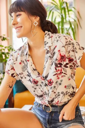 Red Boho Vintage-Inspired Floral Pattern Lightweight Viscose Bat Shirt, Romantic Mixed Floral Print Blouse, Feminine Mixed Floral Top