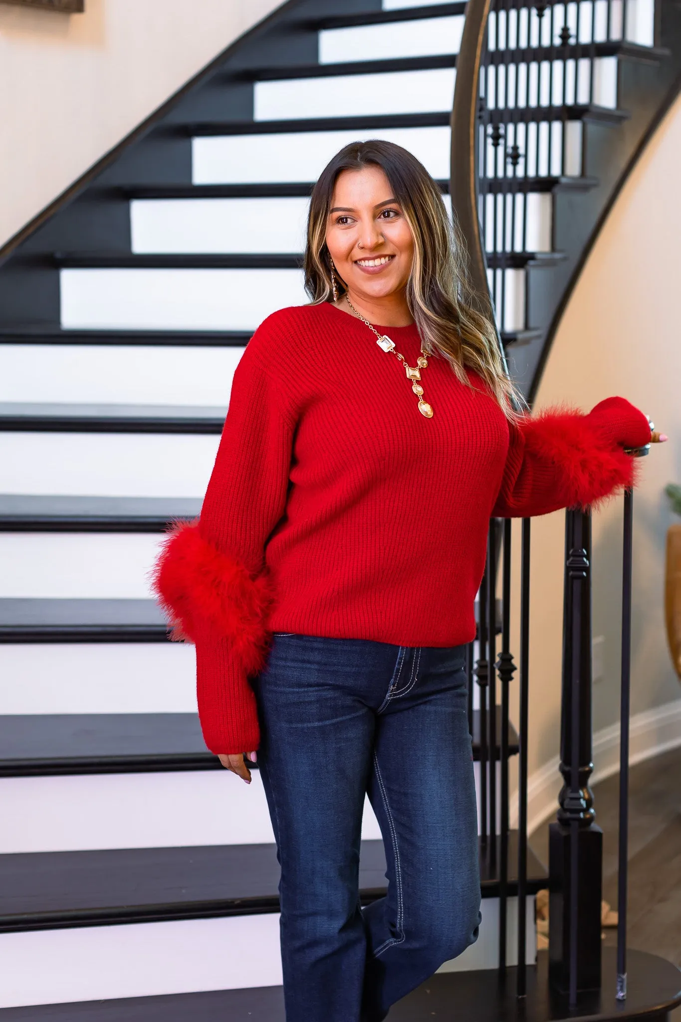 Red Knit Feather Sweater