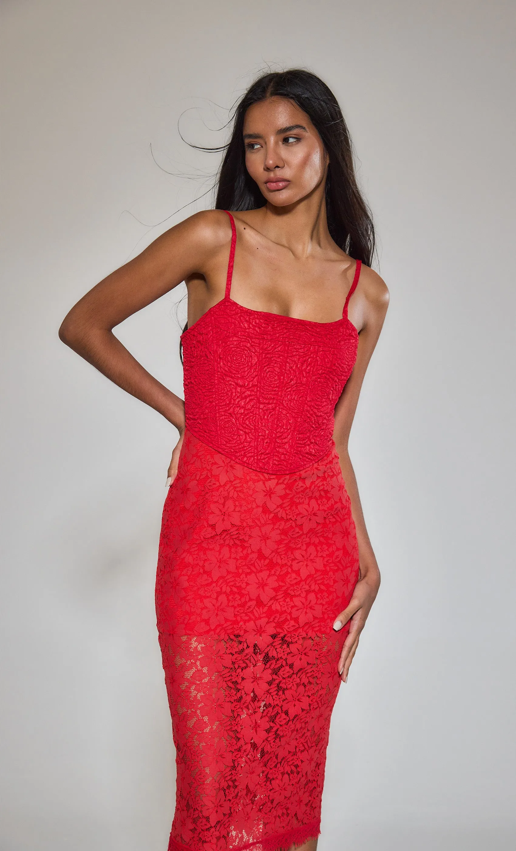 Red Lace Midi Corset Dress