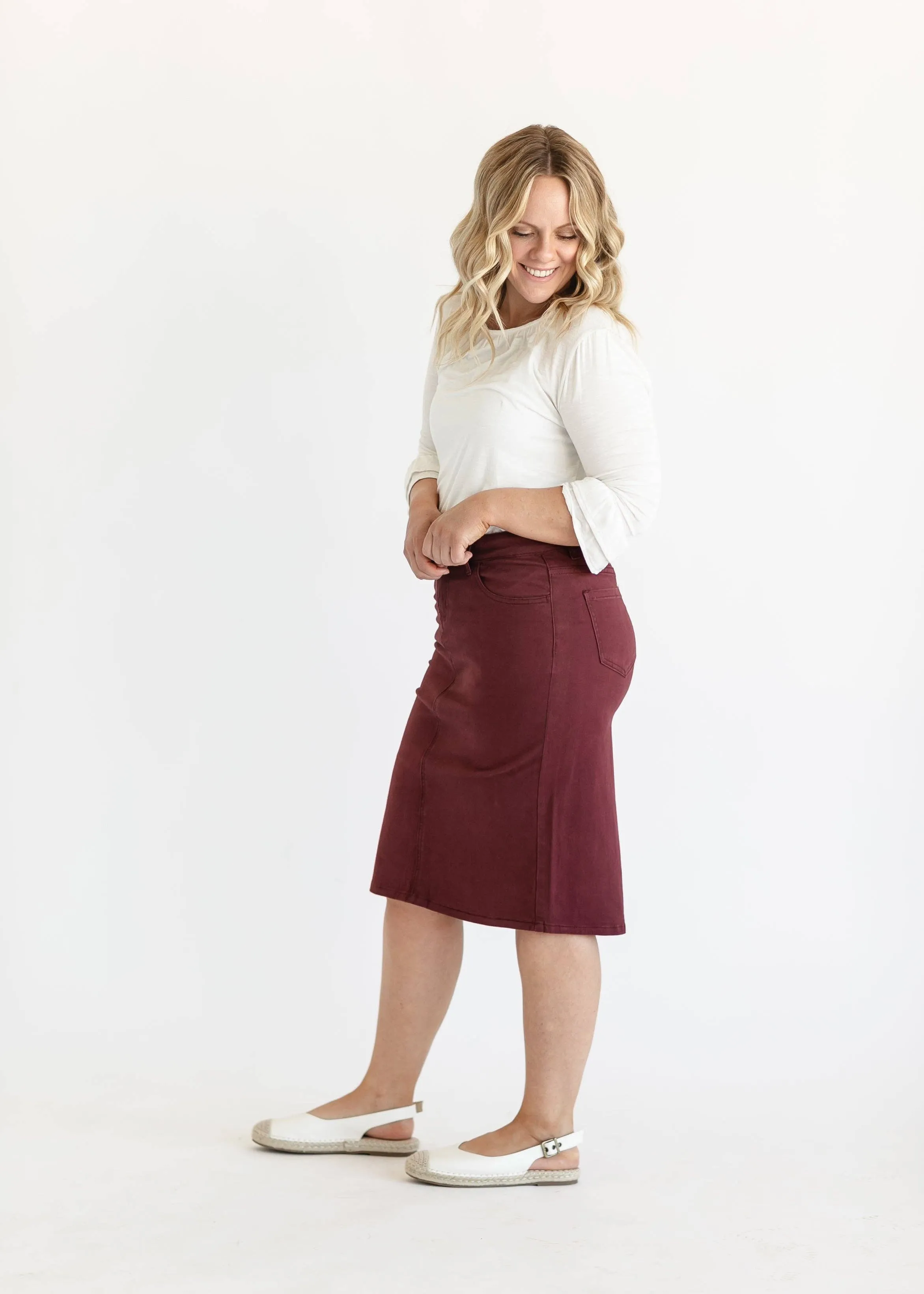 Remi Burgundy Denim Midi Skirt