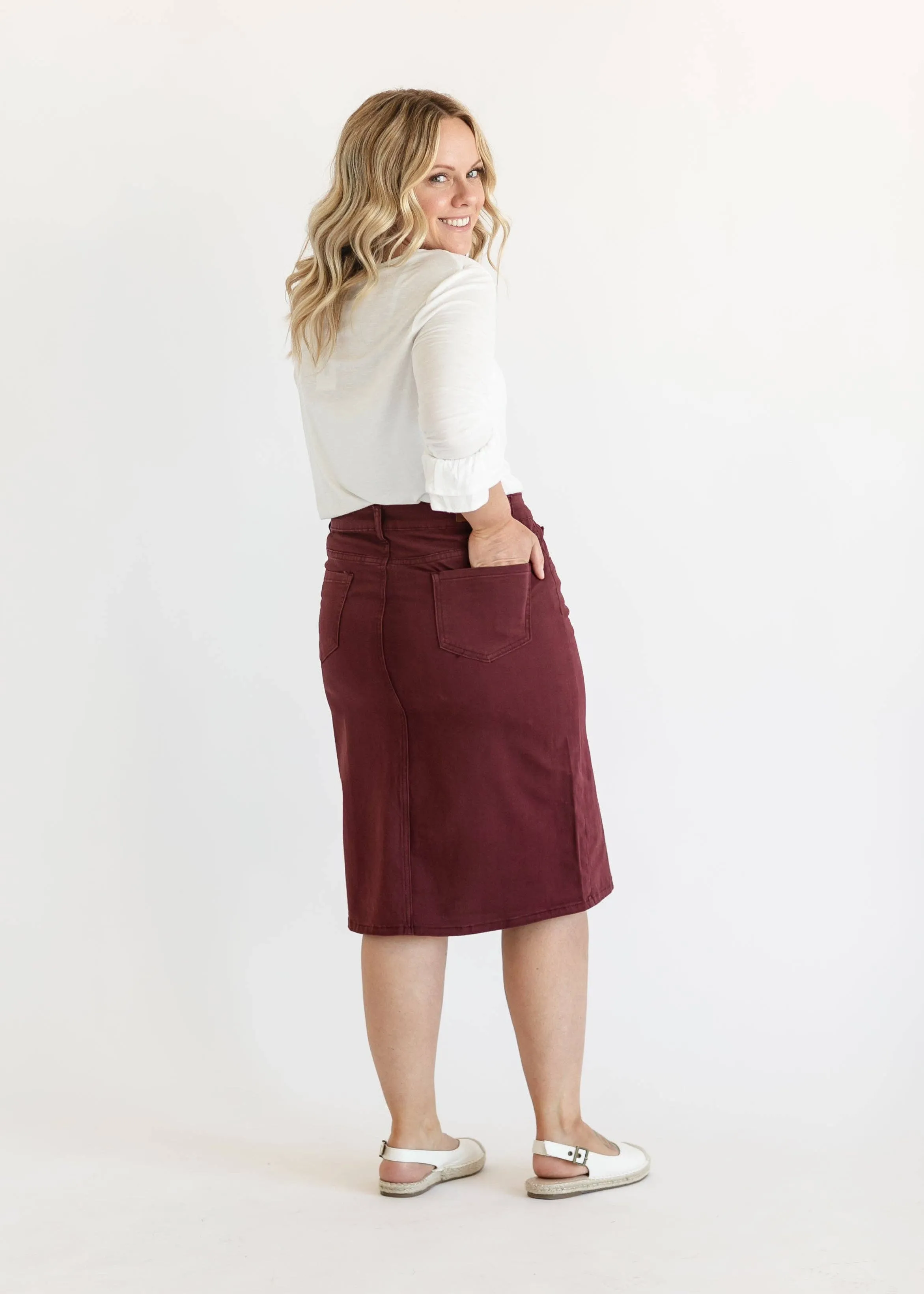 Remi Burgundy Denim Midi Skirt