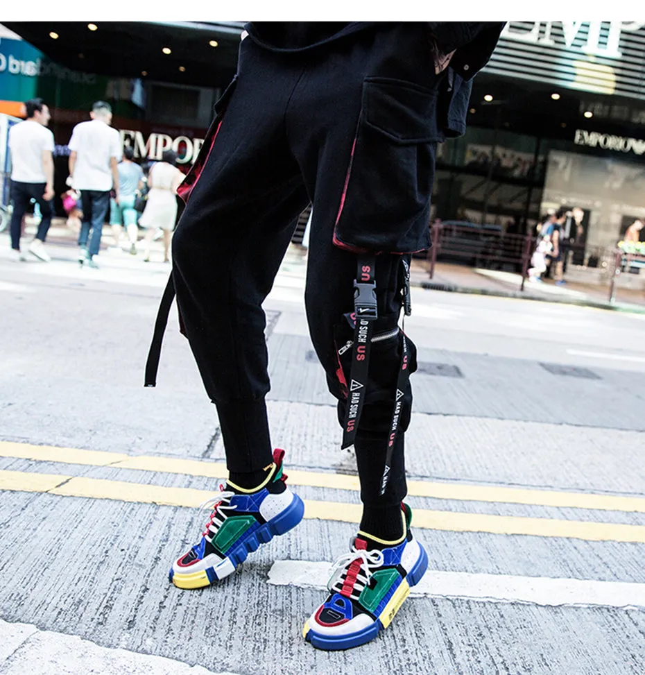 Ribbon Buckle Pocket Casual Hip Hop Style Men Sweatpants