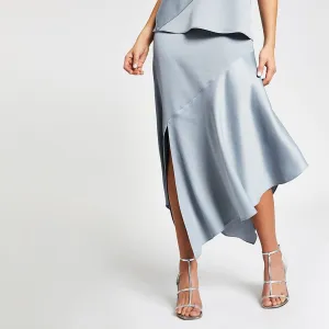 River Island Blue satin asymmetric midi womens skirt