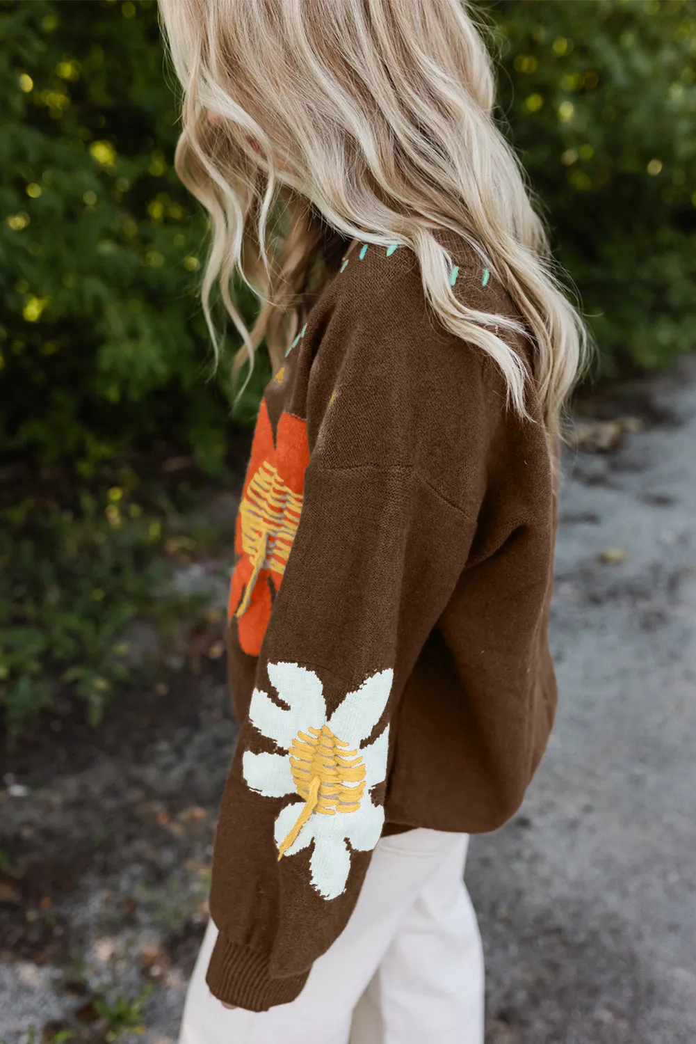 Sally Bold Flower s Coffee Sweater