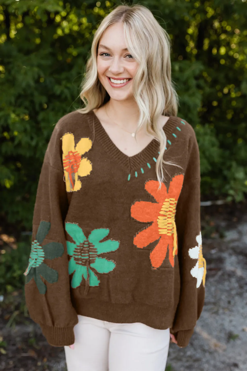 Sally Bold Flower s Coffee Sweater