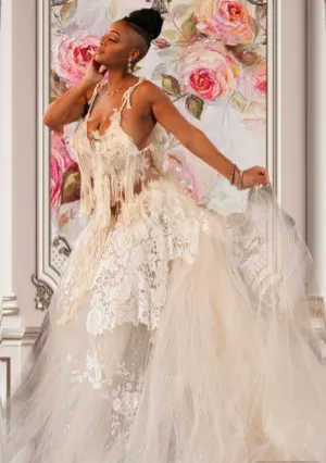 Sample Gown Set Only "ALYSHA" Ivory Macrame, Tulle & Lace Wedding Ballgown Set