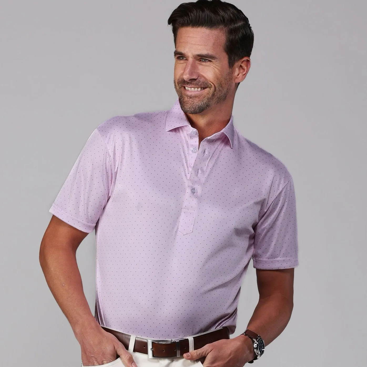 Semi-Spread Collar Polo Pink Navy Polka Dot