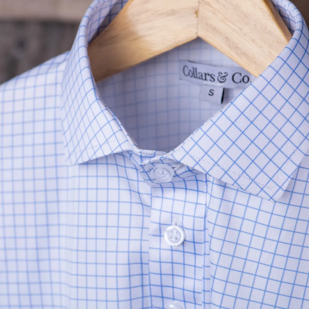 Semi-Spread Collar Polo Thin Blue Check