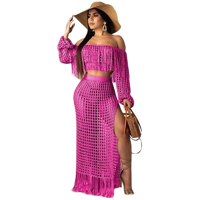 Sexy Magenta Pink Crop Top & Maxi Skirt Coverup Set