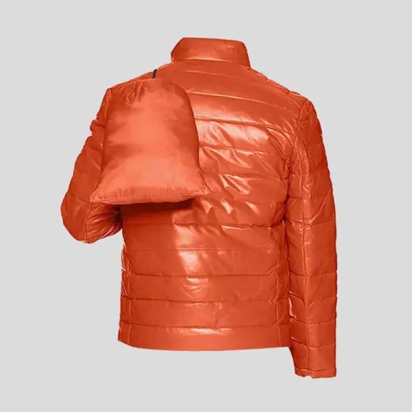 Shop Best Luxury Orange Men’s Leather Packable Down Filled Puffer Jacket