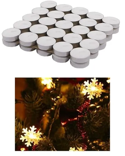 Shoppy Assist-Combo Delight Pack of TEALIGHT_50Pcs (2hr_Burn time)   Warm White_4mtrs 14LED SNOWLIGHT (2Pcs)__Home Decoration Long-Lasting Decor,Diwali,Festival,Christmas,New Year,Gift,Light