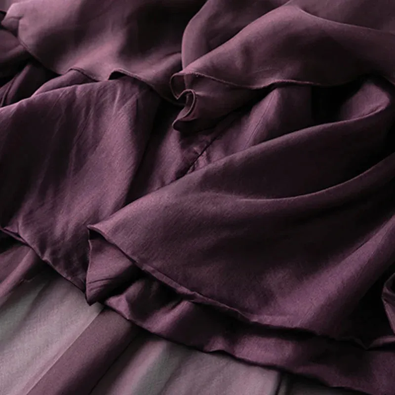 Silk Purple Skirt - Ankle-Length Pleated Office Lady Style