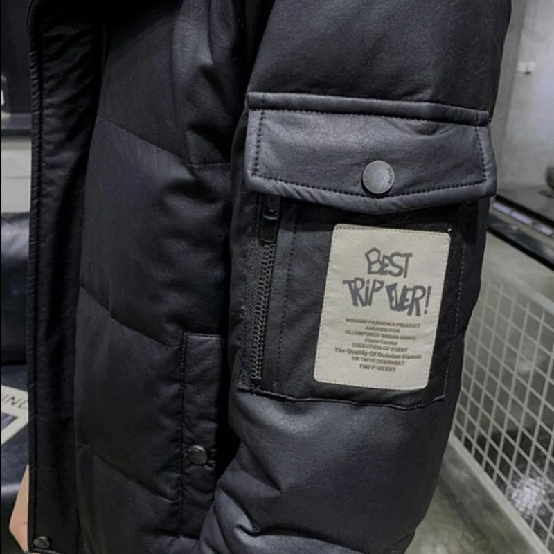 Solid Black Turn-Down Collar Parka Jacket