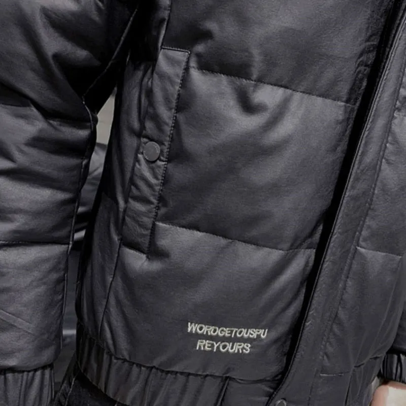 Solid Black Turn-Down Collar Parka Jacket