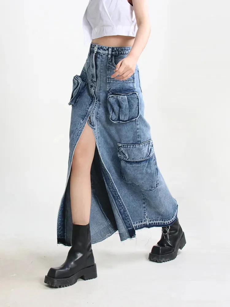 Split Denim Skirts For Women High Waist Patchwork Pocket Temperament Solid Skirt Female Autumn Fashion Style