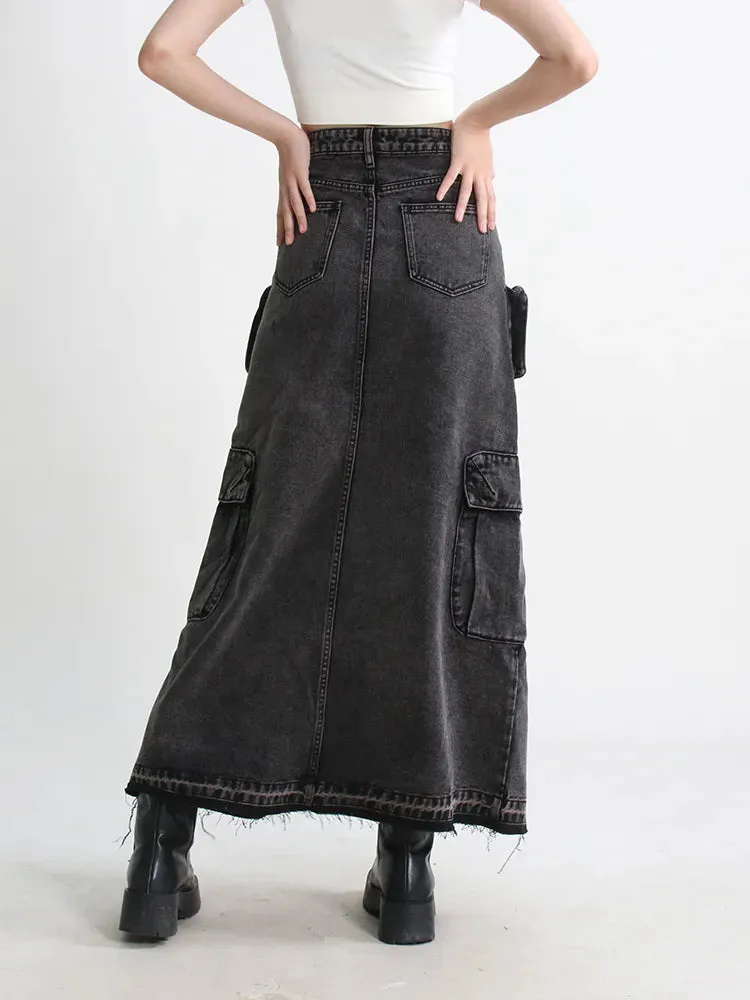 Split Denim Skirts For Women High Waist Patchwork Pocket Temperament Solid Skirt Female Autumn Fashion Style