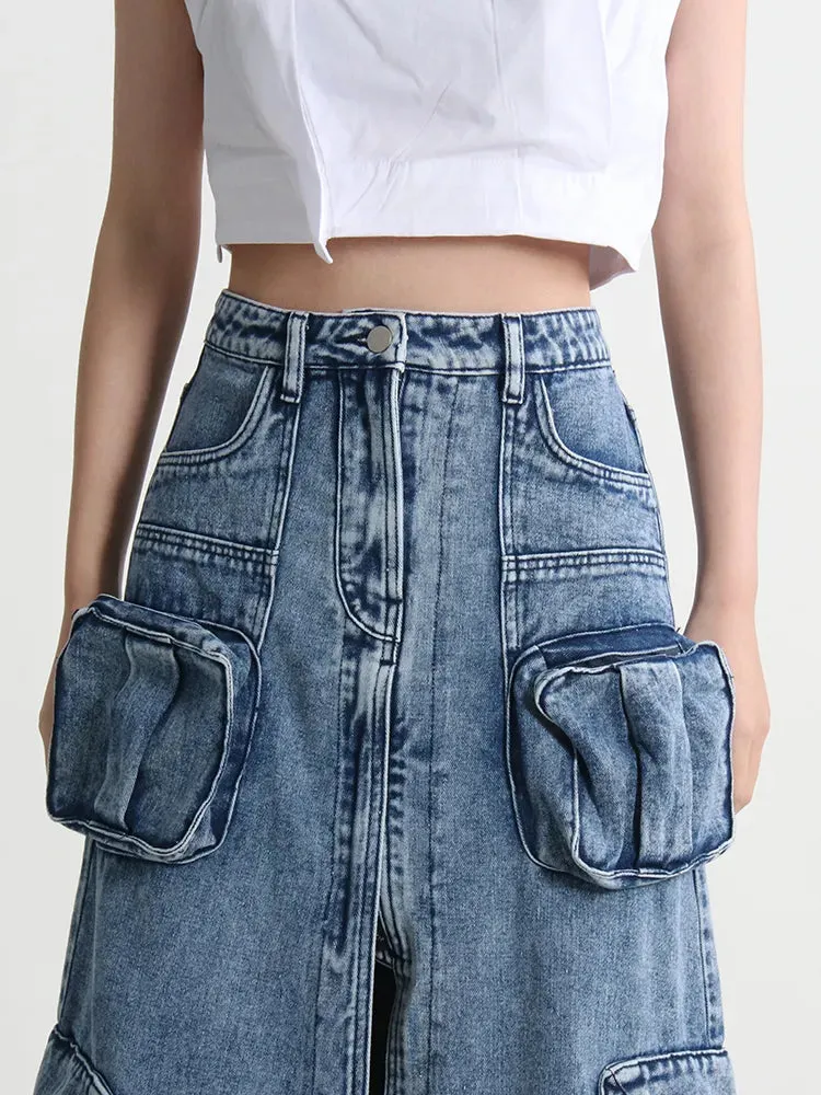 Split Denim Skirts For Women High Waist Patchwork Pocket Temperament Solid Skirt Female Autumn Fashion Style