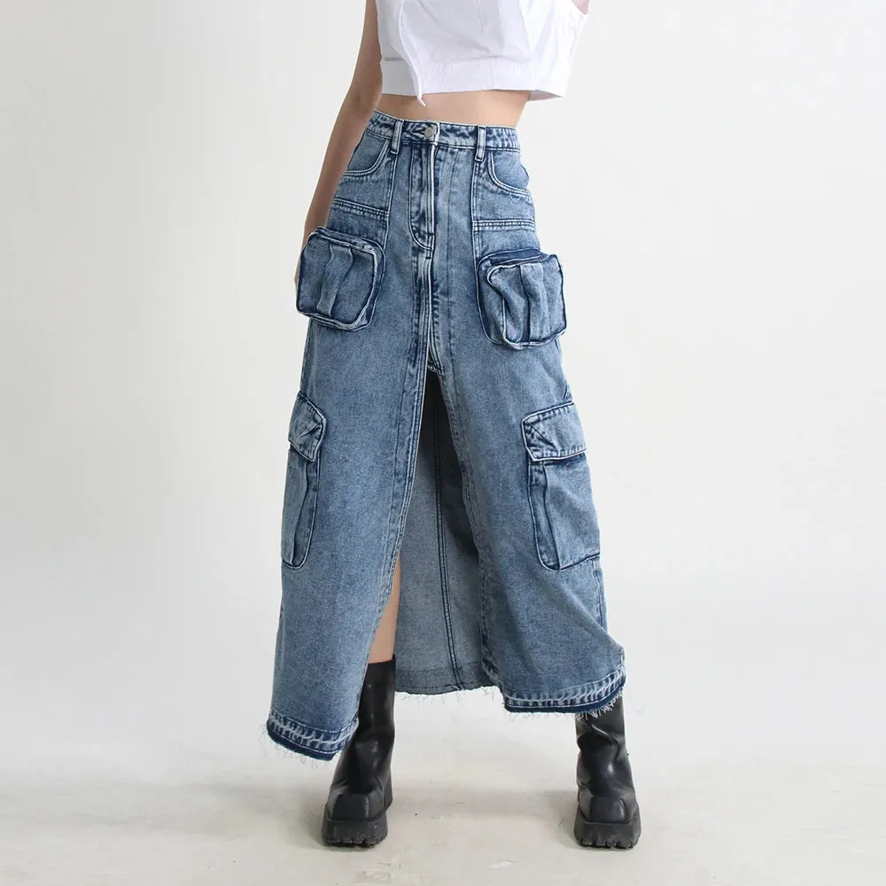 Split Denim Skirts For Women High Waist Patchwork Pocket Temperament Solid Skirt Female Autumn Fashion Style