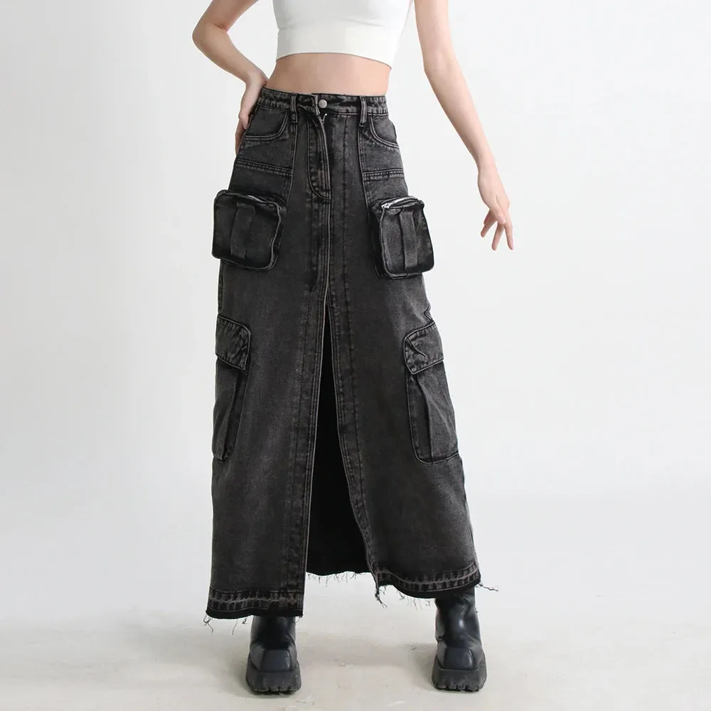 Split Denim Skirts For Women High Waist Patchwork Pocket Temperament Solid Skirt Female Autumn Fashion Style