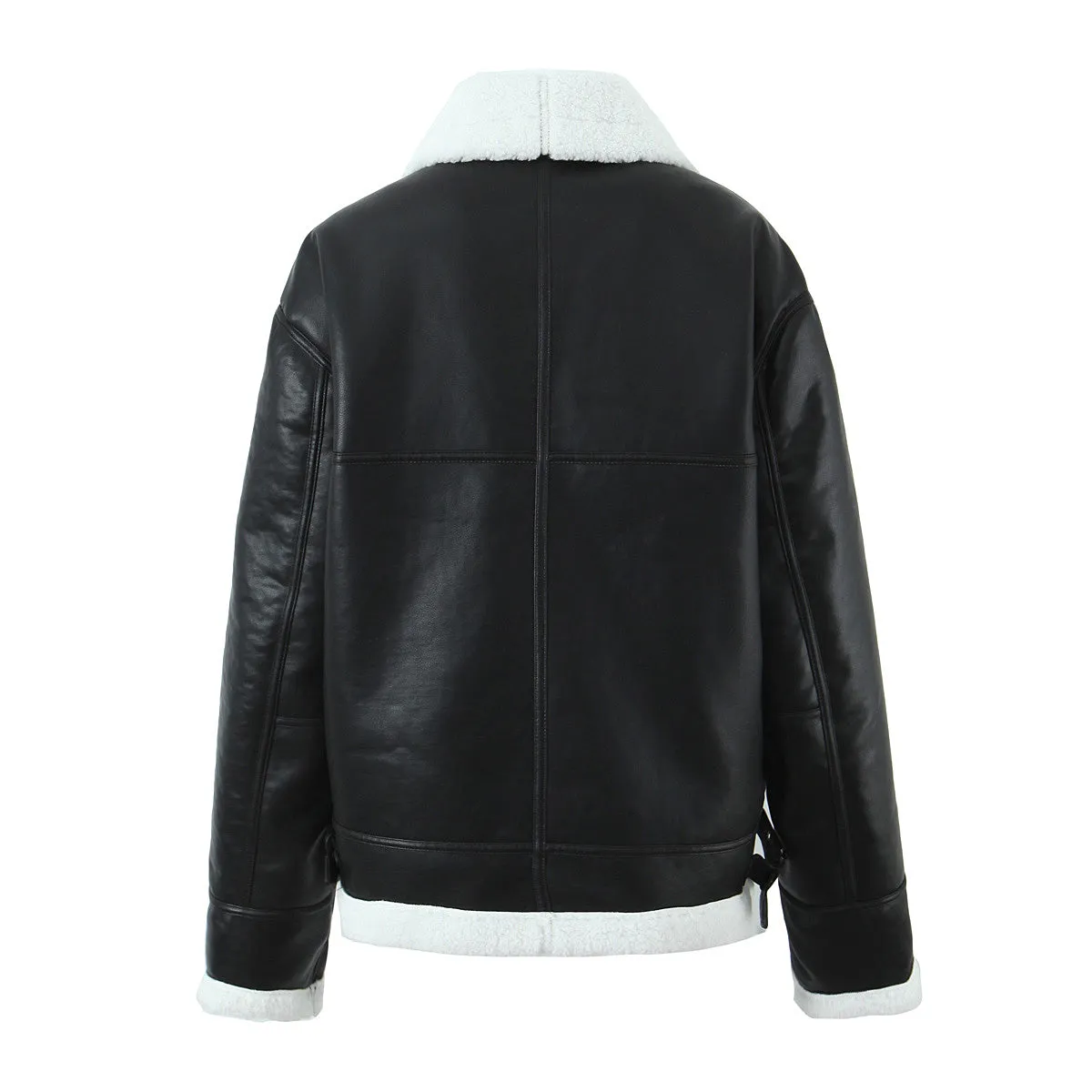 Spring Wind Black Thickened Fleece Warm Collared Zipper Leather Jacket Coat Leather Coat