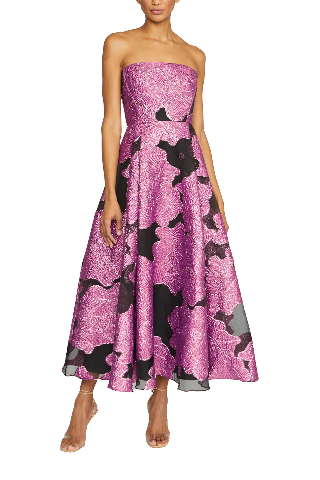 Strapless Jacquard Midi Dress -  French Fuchsia/Black