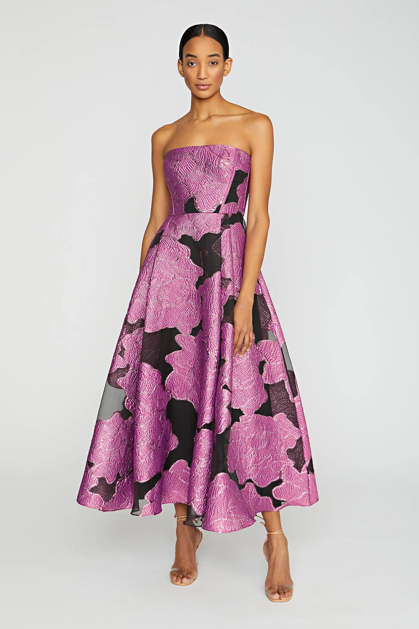 Strapless Jacquard Midi Dress -  French Fuchsia/Black