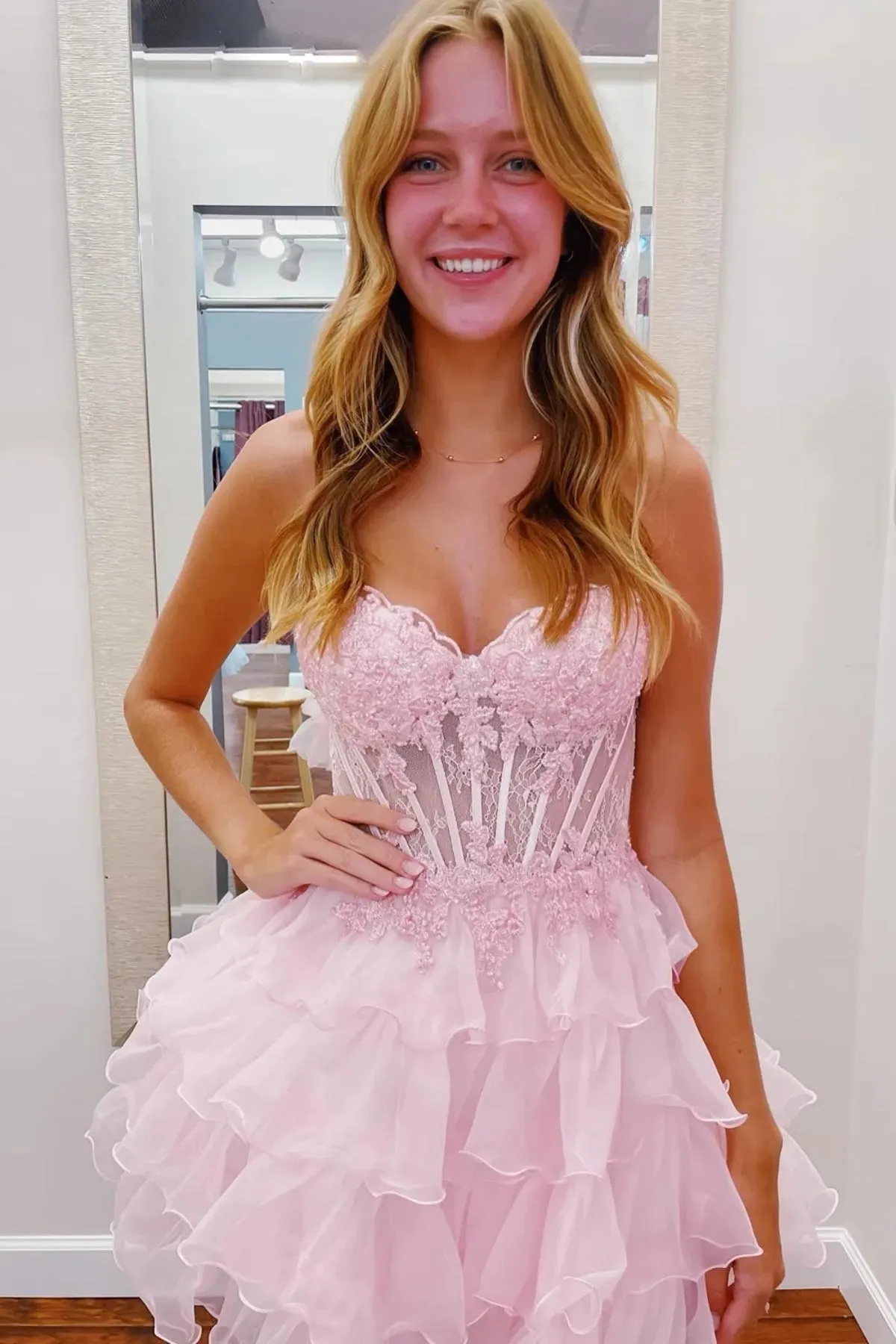 Strapless Layered Pink/Blue Lace Short Prom Dress, Pink/Blue Lace Homecoming Dress A2207