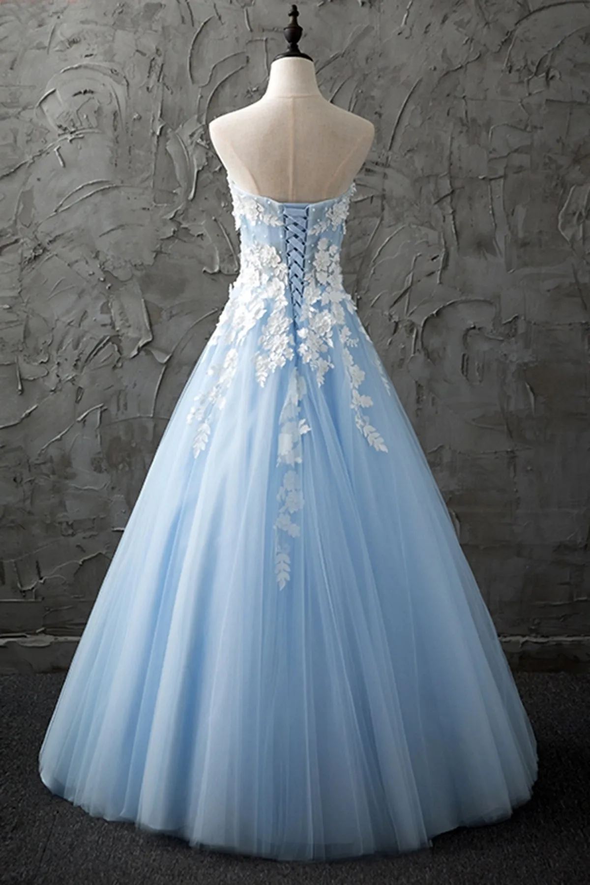 Strapless Sweetheart Neck White Lace Light Blue Prom Dresses, Strapless Open Back Light Blue Lace Formal Graduation Evening Dresses with