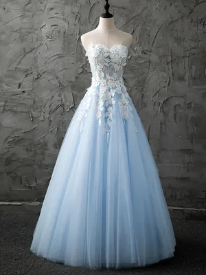 Strapless Sweetheart Neck White Lace Light Blue Prom Dresses, Strapless Open Back Light Blue Lace Formal Graduation Evening Dresses with