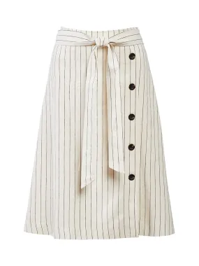 Striped Button Trim Tie Waist Midi Skirt in Ivory Multi