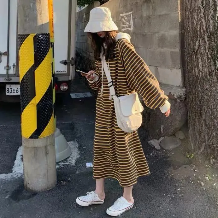 Striped Drawstring Hooded Long Sweater Dress (MS071)