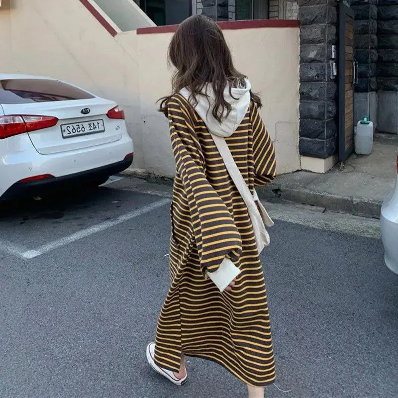 Striped Drawstring Hooded Long Sweater Dress (MS071)