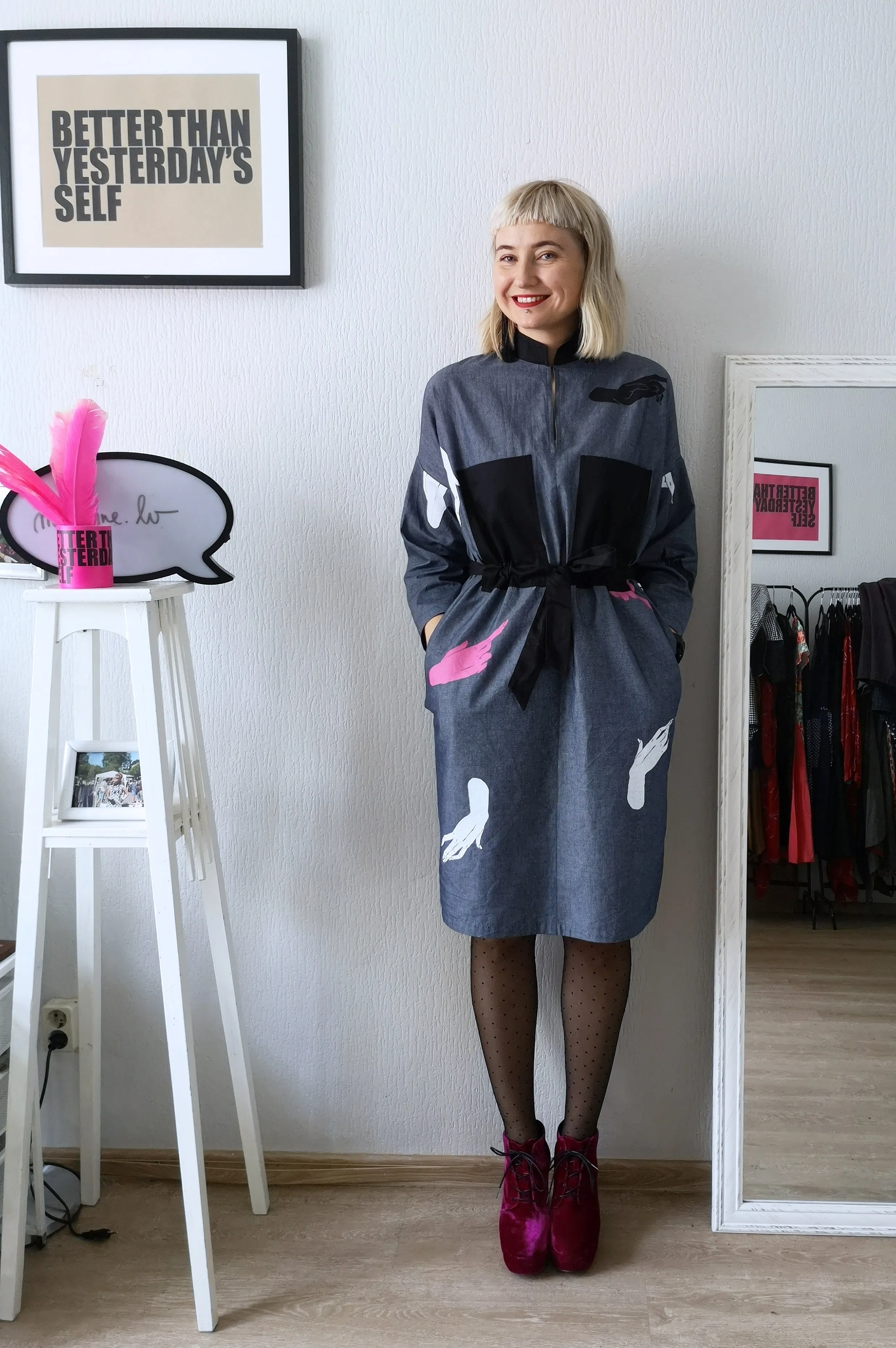 Super Special Hand Screenprinted from Original Dawings by Artist Sabine Vekmane Dark Grey Cotton Oversized Shirt Dress with Oversized Black Ornamental Block Pockets in Front, Black  Fabric Belt and Invisible Side Pockets