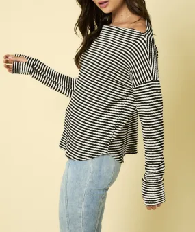 Tatum Off Shoulder Striped Long Sleeve Top in Ivory/Black