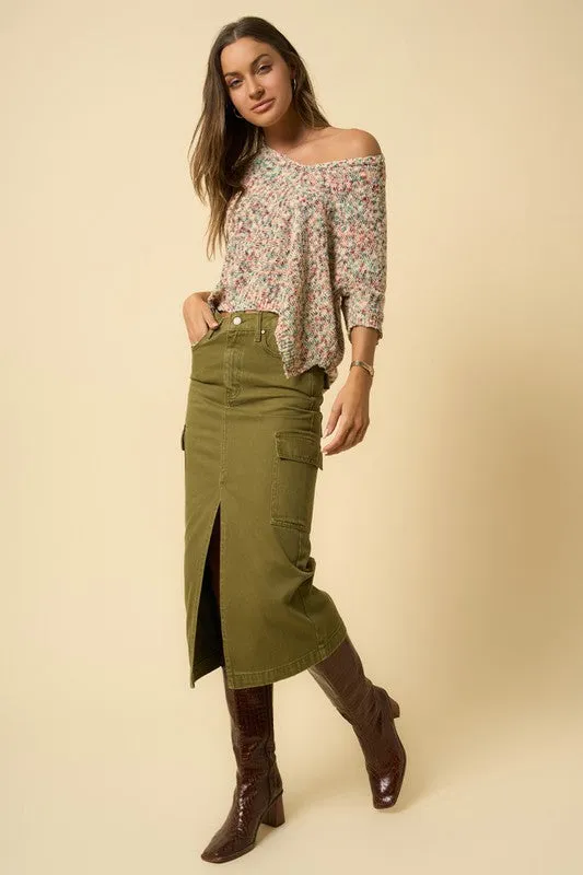 TEEK - TRUE OLIVE COLOR CARGO MIDI SKIRT