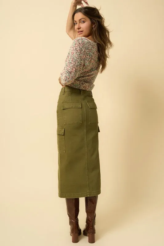 TEEK - TRUE OLIVE COLOR CARGO MIDI SKIRT