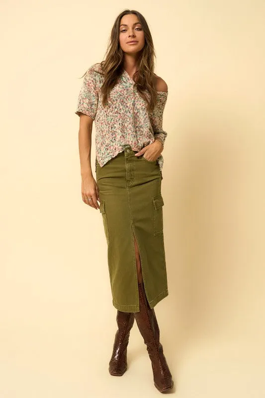 TEEK - TRUE OLIVE COLOR CARGO MIDI SKIRT