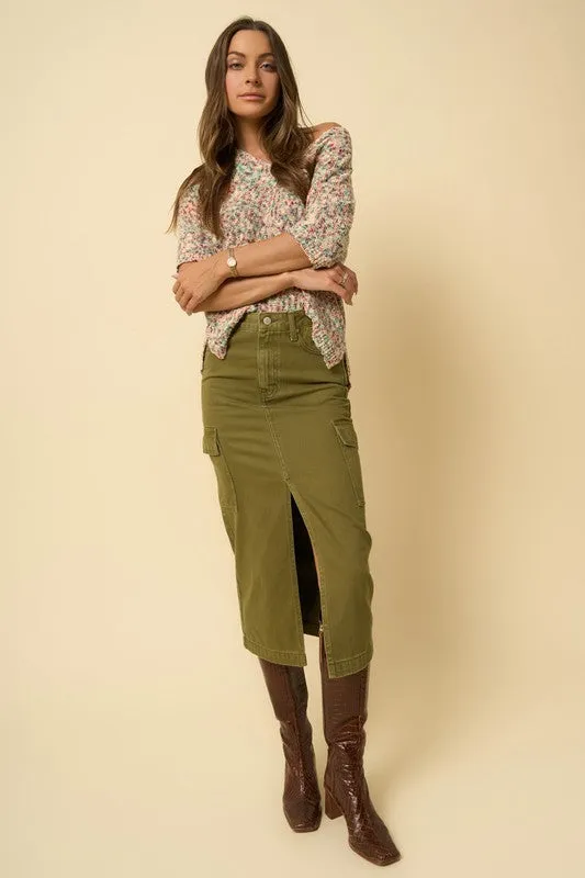 TEEK - TRUE OLIVE COLOR CARGO MIDI SKIRT