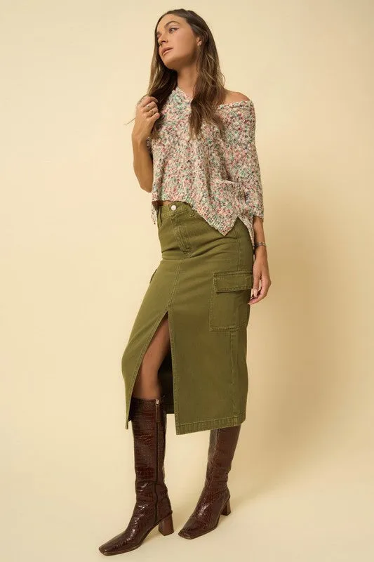 TEEK - TRUE OLIVE COLOR CARGO MIDI SKIRT