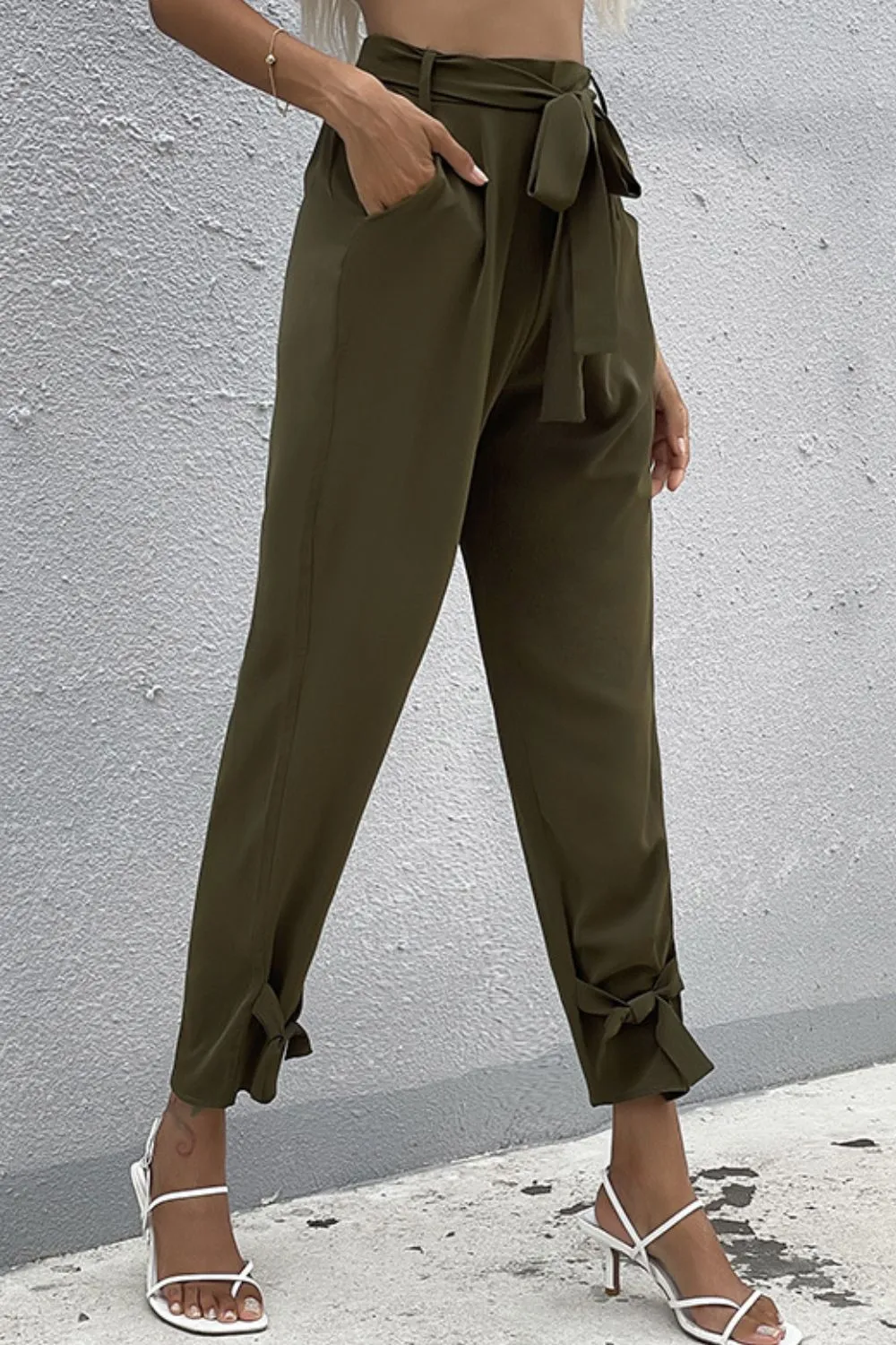 Tie Detail Belted Resort Pants with Pockets